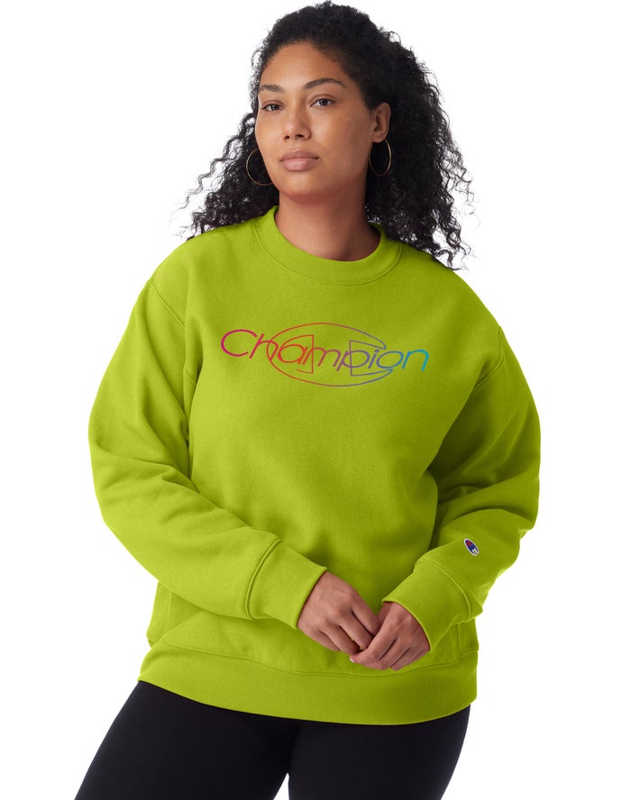 Champion Dame Sweatshirt Grøn - Plus Reverse Weave Crew Rainbow Logo - Danmark KFS-908412